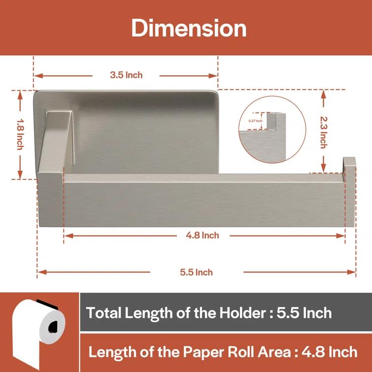Self-Adhesive, Stainless Steel, Single Post Wall Mounted Toilet Paper Roll Holder, Stand no Drilling, in Brushed Nickel