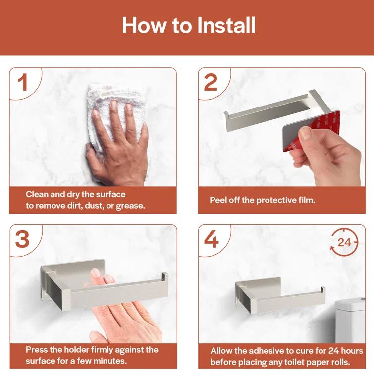 Self-Adhesive, Stainless Steel, Single Post Wall Mounted Toilet Paper Roll Holder, Stand no Drilling, in Brushed Nickel