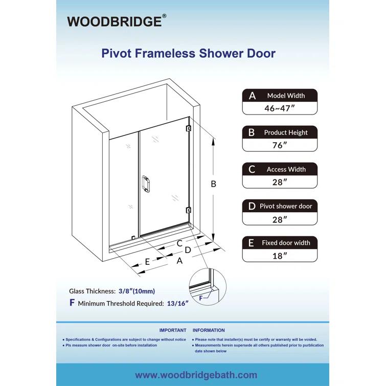 46-47" W x 76" H Pivot Frameless Single Swing Hinge Shower Door, 3/8 in. (10mm) Thickness Shattered-Proof Tempered Clear Glass