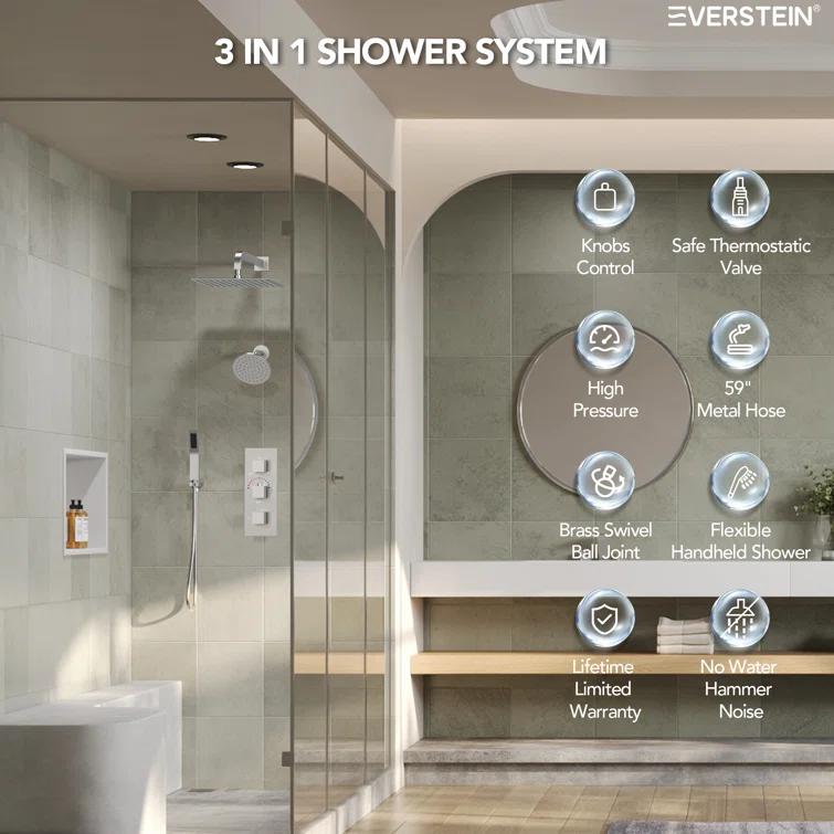 Thermostatic Dual Shower System 12" Rainfall Shower Head with Rough-in Valve