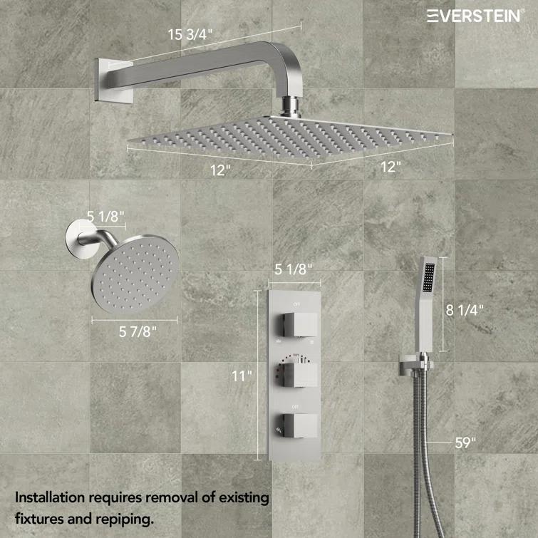 Thermostatic Dual Shower System 12" Rainfall Shower Head with Rough-in Valve