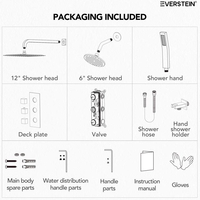 Thermostatic Dual Shower System 12" Rainfall Shower Head with Rough-in Valve