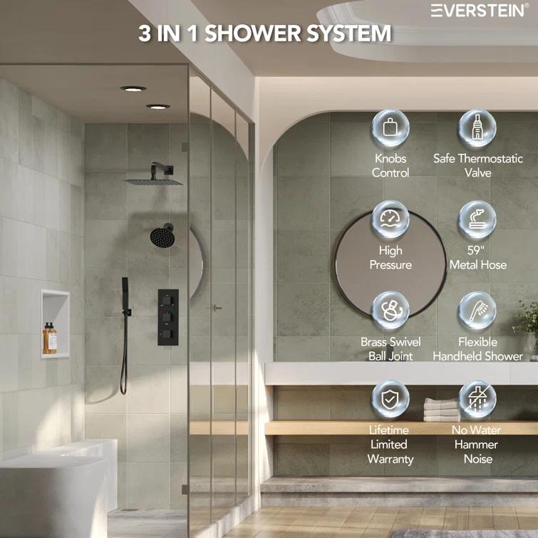 Thermostatic Dual Shower System 12" Rainfall Shower Head with Rough-in Valve