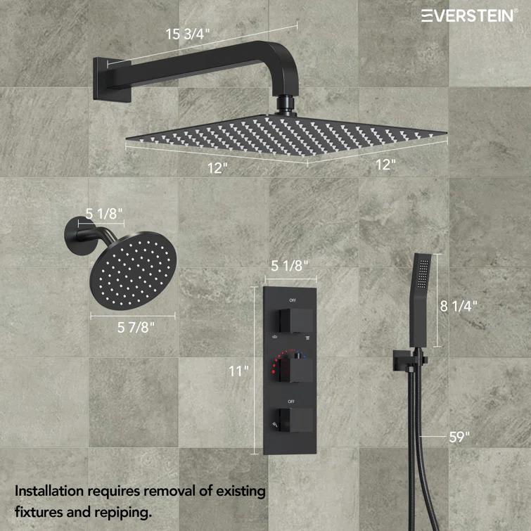 Thermostatic Dual Shower System 12" Rainfall Shower Head with Rough-in Valve