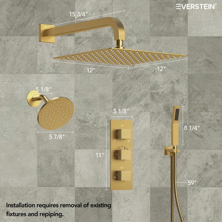 Thermostatic Dual Shower System 12" Rainfall Shower Head with Rough-in Valve
