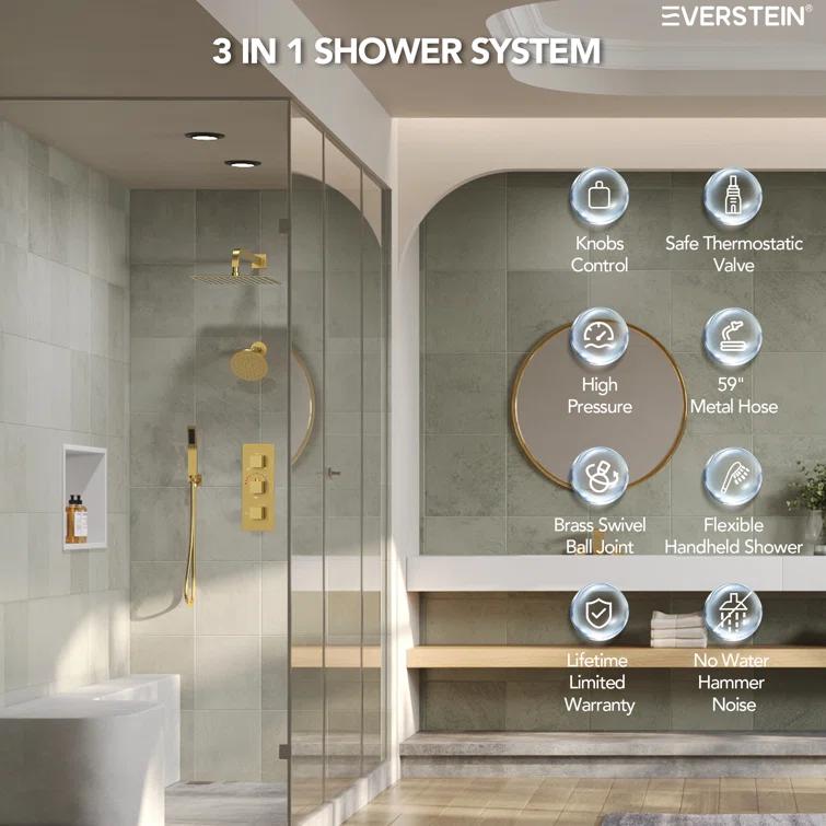 Thermostatic Dual Shower System 12" Rainfall Shower Head with Rough-in Valve