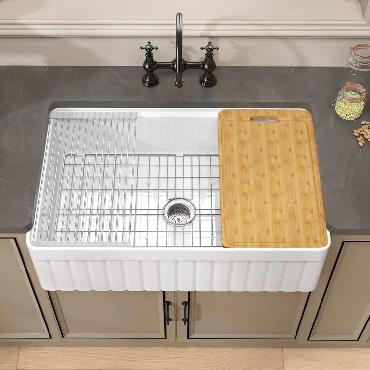 Pure 33 in. Workstation White Kitchen Sink Apron Front Fireclay Farmhouse Sink Single Bowl with Accessory Kit