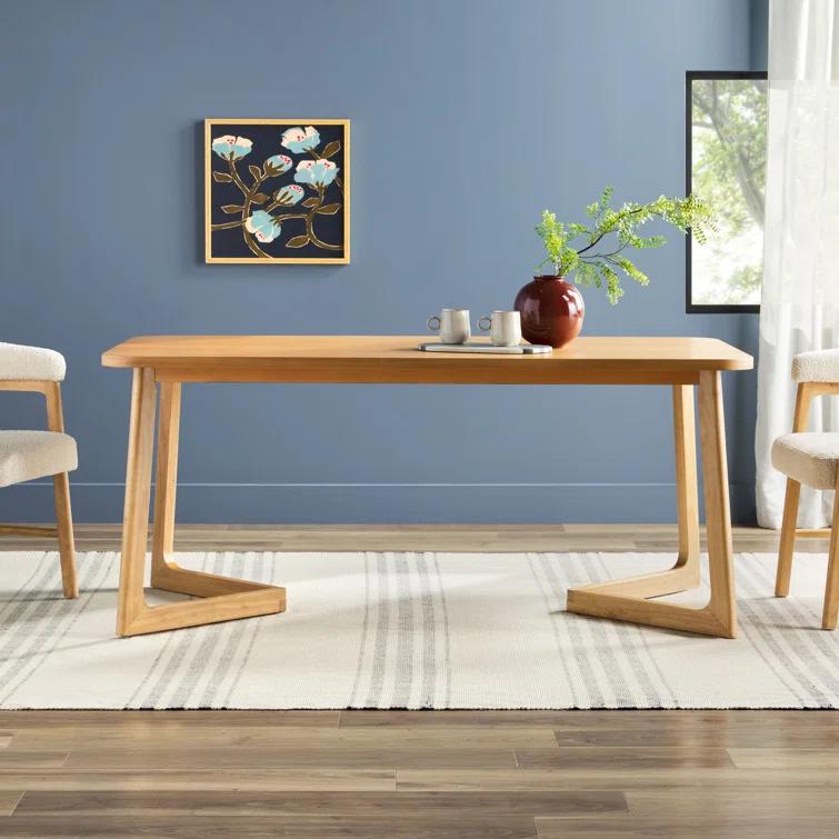 Modern Rectangle Solid Wood Veneer Dining Table for 6 with Geometric Leg Design