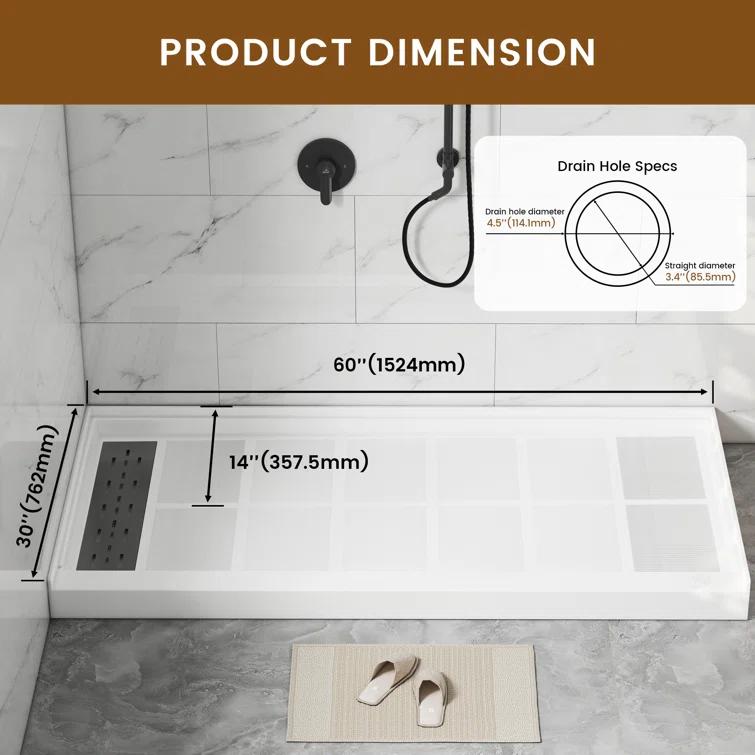CASAINC 60"W 30/32"D Single Threshold SMC Shower Base Anti-Slip Shower Pan with Drain Assembly & Drain Cover CABR2501WH6030L