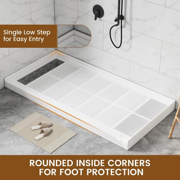 CASAINC 60"W 30/32"D Single Threshold SMC Shower Base Anti-Slip Shower Pan with Drain Assembly & Drain Cover CABR2501WH6030L