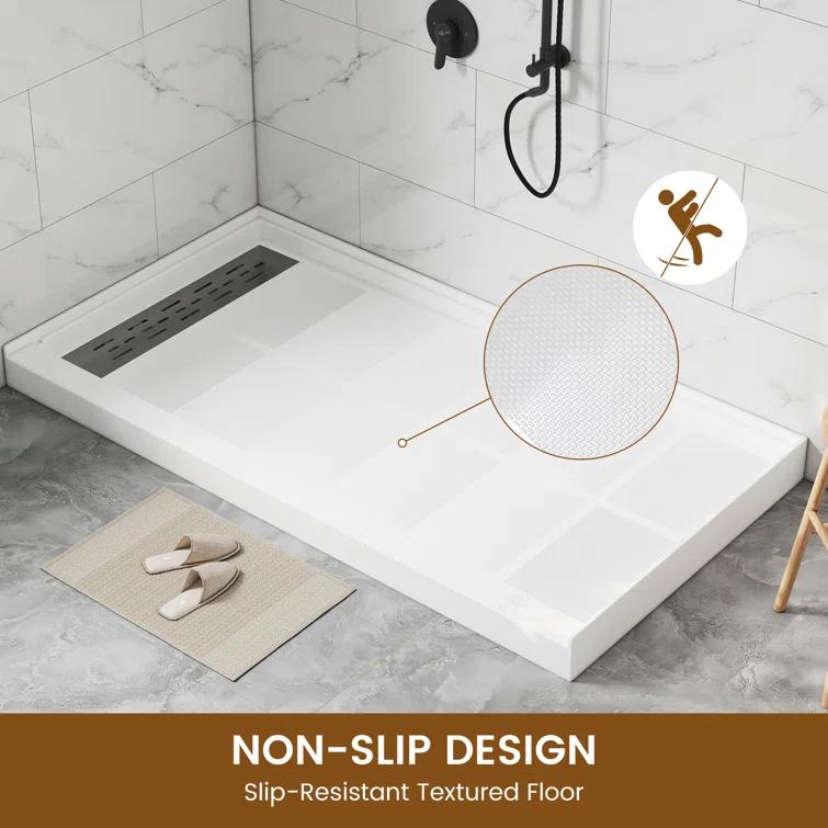 CASAINC CABR2501WH6032L GranVía 60"W X 32"D Single Threshold Shower Base Anti-Slip Shower Pan, Drain Assembly & Drain Cover Included