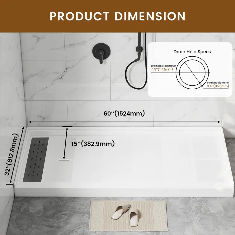 CASAINC CABR2501WH6032L GranVía 60"W X 32"D Single Threshold Shower Base Anti-Slip Shower Pan, Drain Assembly & Drain Cover Included