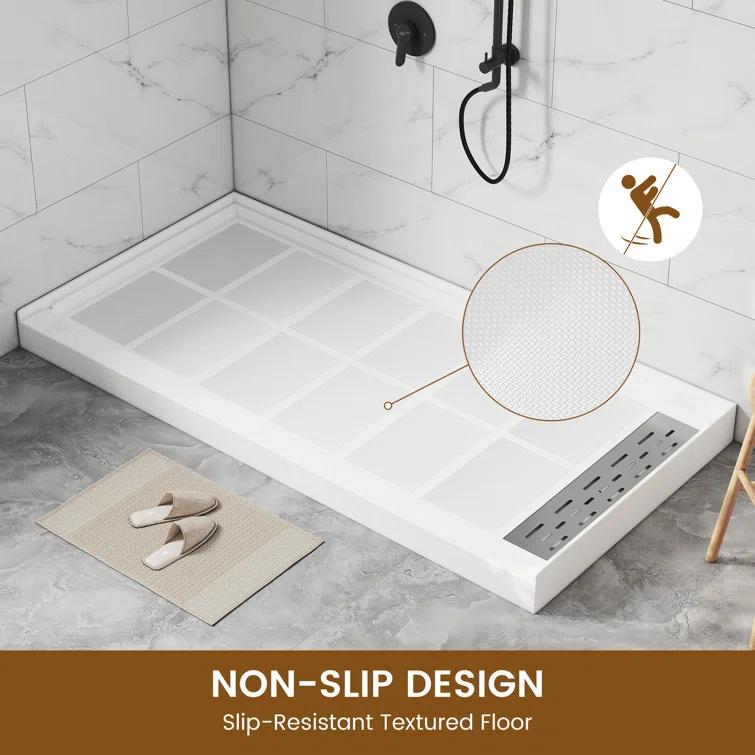 CASAINC 60"W 30/32"D Single Threshold SMC Shower Base Anti-Slip Shower Pan with Drain Assembly & Drain Cover CABR2501WH6030R