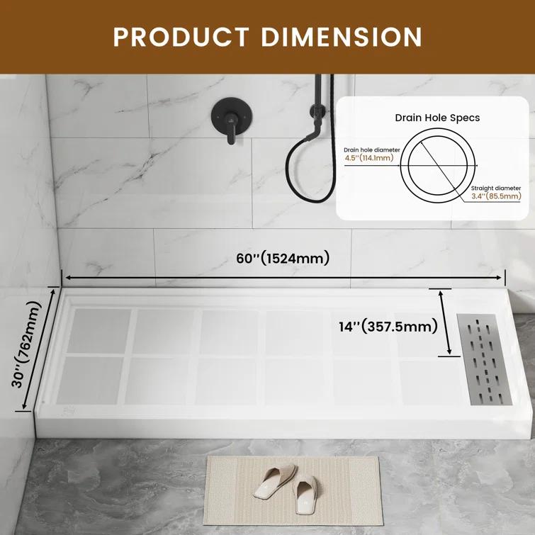 CASAINC 60"W 30/32"D Single Threshold SMC Shower Base Anti-Slip Shower Pan with Drain Assembly & Drain Cover CABR2501WH6030R