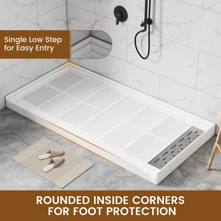 CASAINC 60"W 30/32"D Single Threshold SMC Shower Base Anti-Slip Shower Pan with Drain Assembly & Drain Cover CABR2501WH6030R