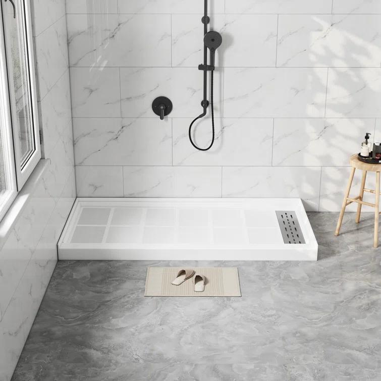 CASAINC 60"W 30/32"D Single Threshold SMC Shower Base Anti-Slip Shower Pan with Drain Assembly & Drain Cover CABR2501WH6030R