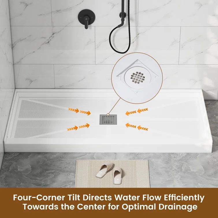 CASAINC 60"W 30/32"D Single Threshold SMC Shower Base Anti-Slip Shower Pan with Drain Assembly & Drain Cover CABR2501WH6030R