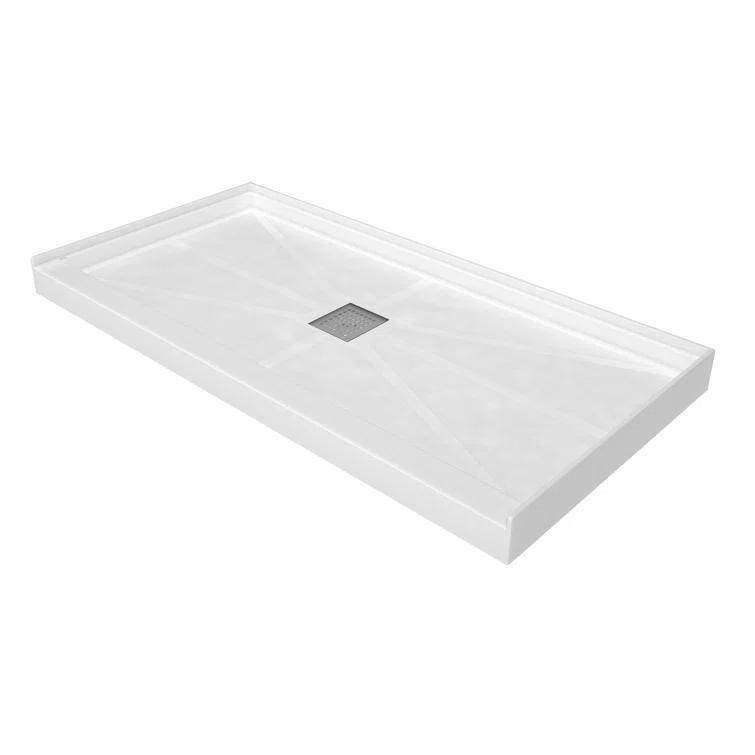 CASAINC 60"W 30/32"D Single Threshold SMC Shower Base Anti-Slip Shower Pan with Drain Assembly & Drain Cover CABR2501WH6030R