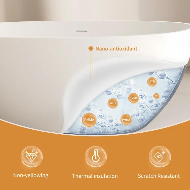 59" x 31" Freestanding Soaking Solid Surface Bathtub Stone Resin Bath Tub with Overflow and Pop-up Drain, Glossy/Matte White