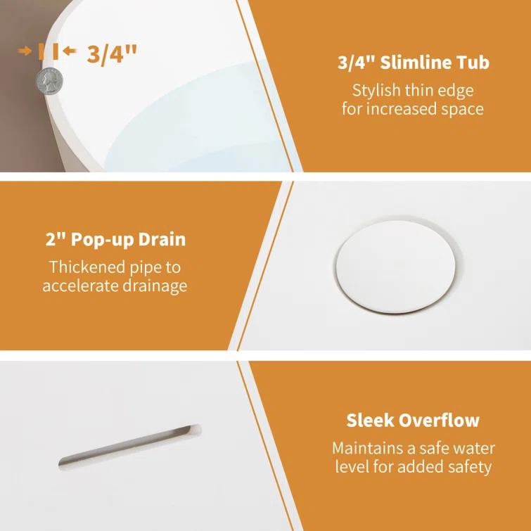 59" x 31" Freestanding Soaking Solid Surface Bathtub Stone Resin Bath Tub with Overflow and Pop-up Drain, Glossy/Matte White