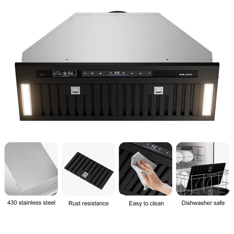 36 In. 900 Cfm Insert Range Hood In Black Stainless Steel With Dishwasher Filter