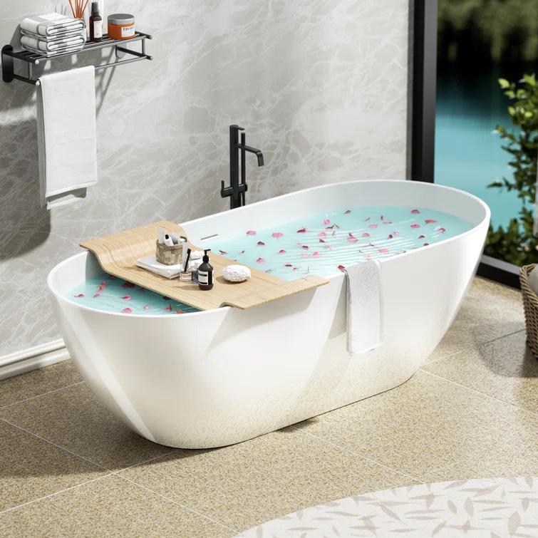 59" x 30" Freestanding Soaking Solid Surface Bathtub Stone Resin Bath Tub with Overflow and Pop-up Drain for Contemporary Bathroom, Glossy/Matte White