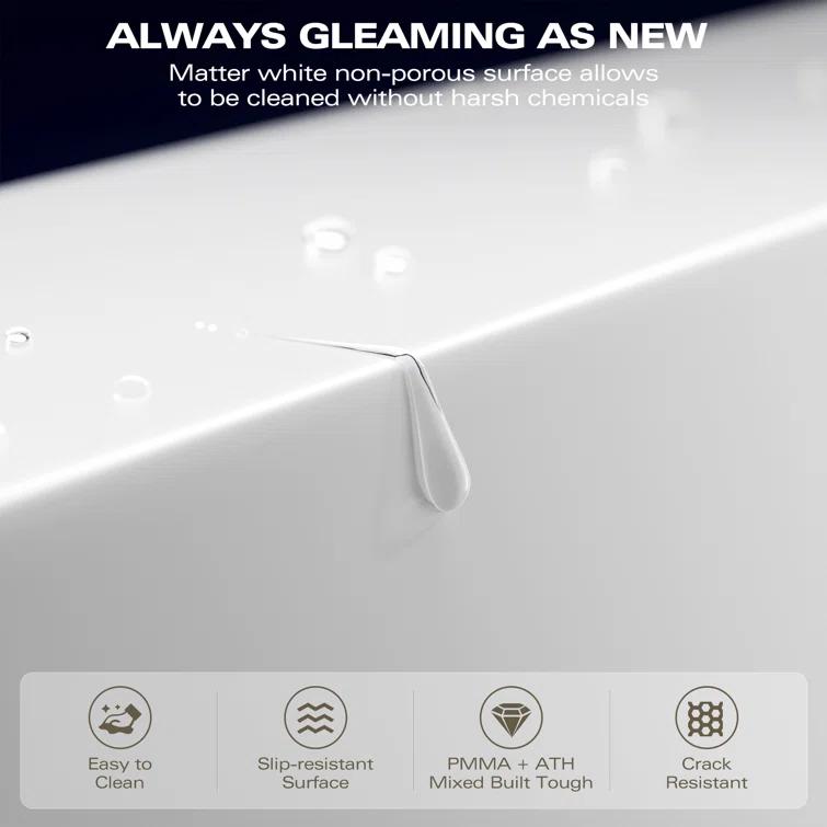 59" x 30" Freestanding Soaking Solid Surface Bathtub Stone Resin Bath Tub with Overflow and Pop-up Drain for Contemporary Bathroom, Glossy/Matte White