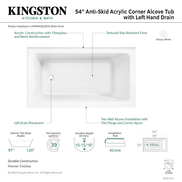 Kingston Brass Aqua Eden 54-Inch Acrylic Rectangular 2-Wall Corner Alcove Tub, Hand Drain