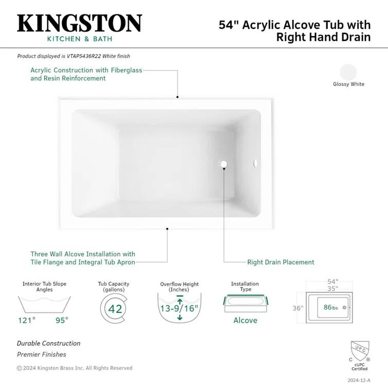 Kingston Brass Aqua Eden 54-Inch Acrylic Rectangular 3-Wall Alcove Tub