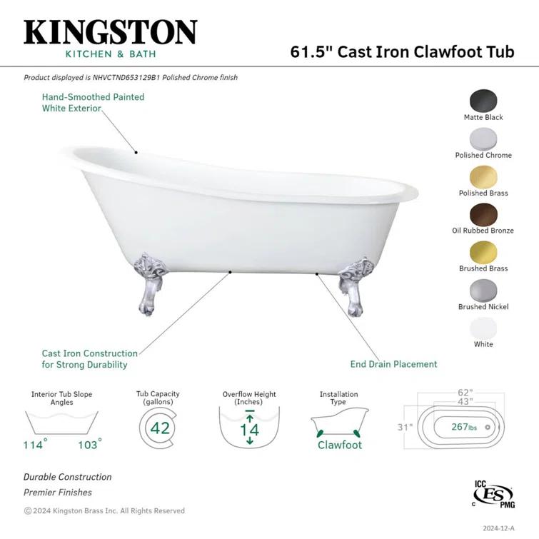 Kingston Brass Aqua Eden 61-Inch Cast Iron Oval Single Slipper Clawfoot Tub (No Faucet Drillings)
