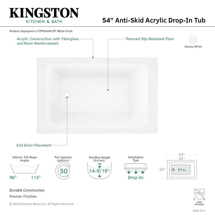 Kingston Brass Aqua Eden 54-Inch Acrylic Rectangular Drop-In Tub with Anti-Skid Surface
