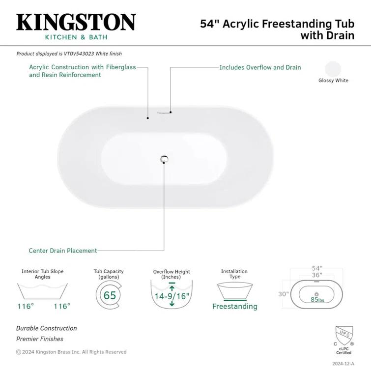 Kingston Brass Aqua Eden 54-Inch Acrylic Oval Double Ended Freestanding Tub with Drain