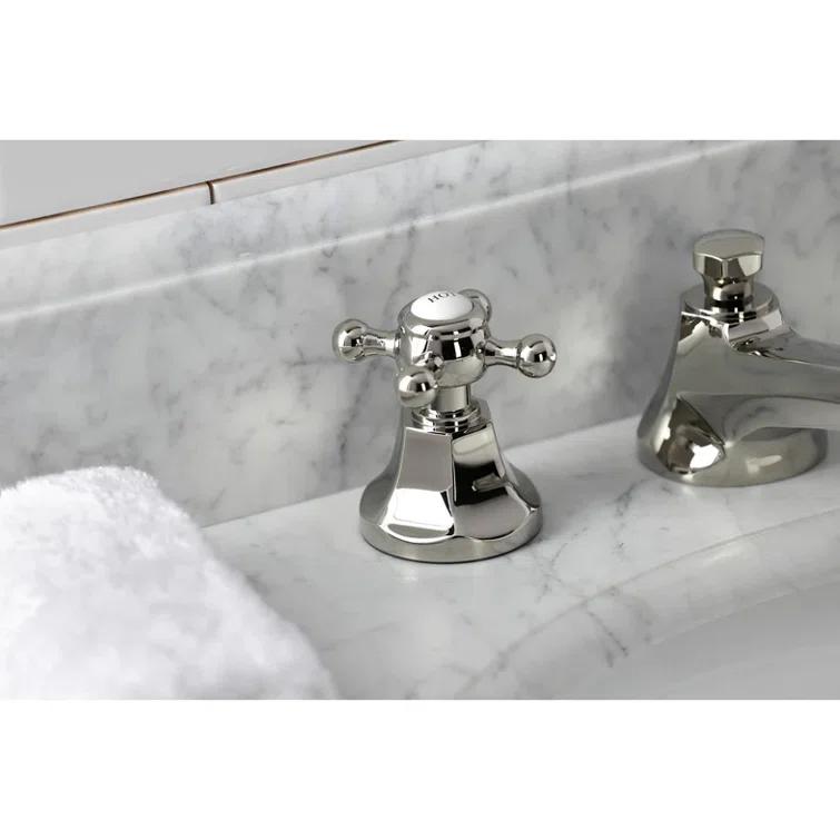 Kingston Brass Metropolitan Two-Handle 3-Hole Deck Mount Widespread Bathroom Faucet with Brass Pop-Up Drain