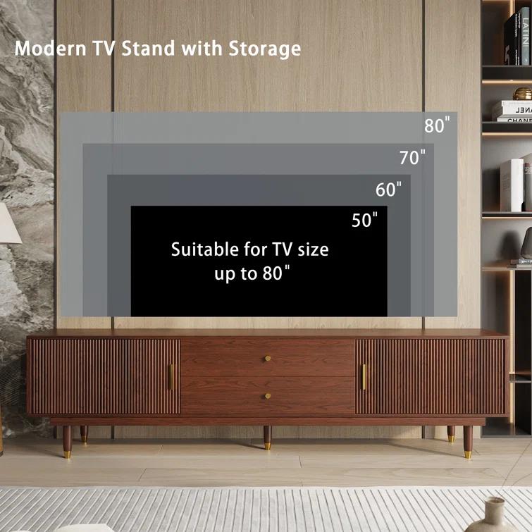 Loon Peak® Mid-Century Modern TV Stand for 60+ Inch TVs, Walnut TV Console with 2 Storage Cabinets and 2 Drawers, Entertainment Center