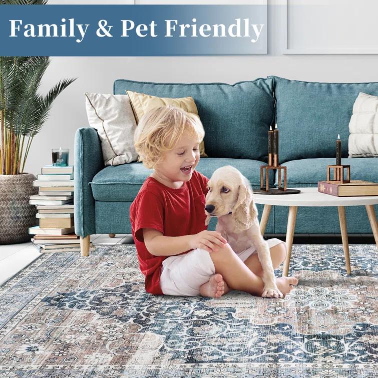 Oriental Machine Washable Rug with Rubber Backing for Living Room Floral Non-Slip Area Rug Vintage Indoor Carpet Non-Shedding Rug for Bedroom Dining Room Hallway Kitchen Office Playroom Nursery
