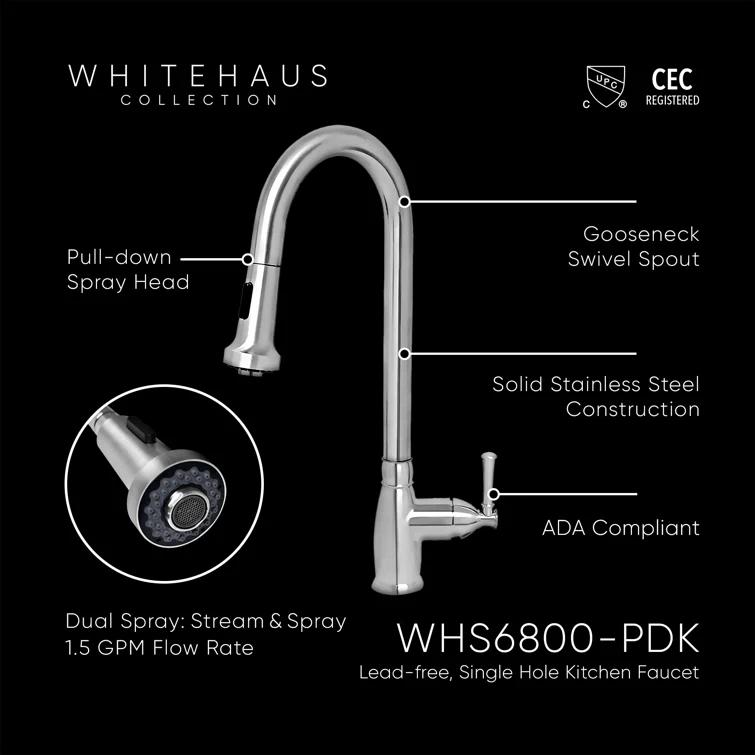 Whitehaus Collection Stainless Steel Single Lever Gooseneck Kitchen Faucet with Pull-down Spray Head