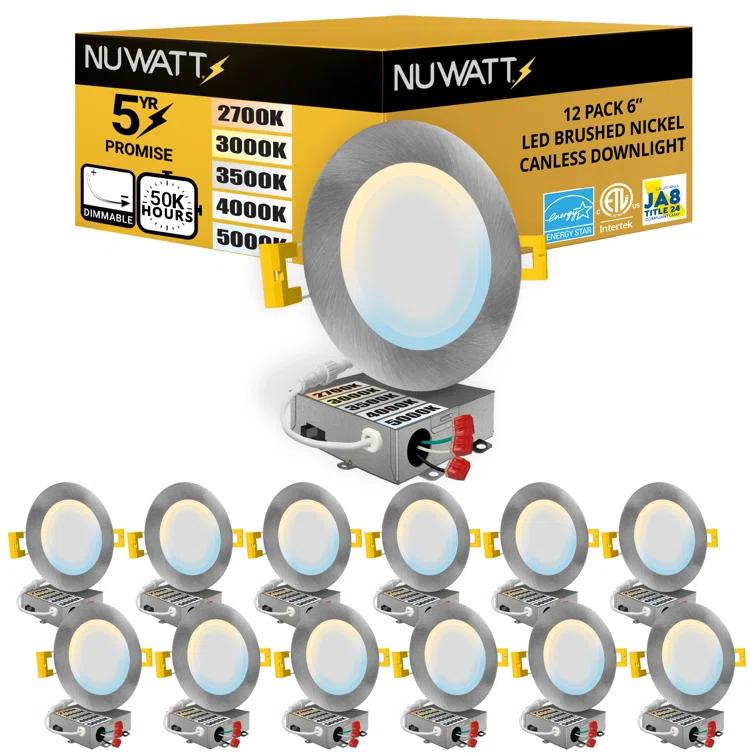 NUWATT NW-P-DL-6-15W-5CT-BN-12P Panel Downlight 6.88'' Selectable Color Temperature Dimmable Air-Tight IC Rated LED Canless Recessed Lighting Kit (Set of 12)