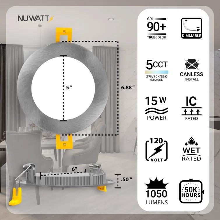 NUWATT NW-P-DL-6-15W-5CT-BN-12P Panel Downlight 6.88'' Selectable Color Temperature Dimmable Air-Tight IC Rated LED Canless Recessed Lighting Kit (Set of 12)