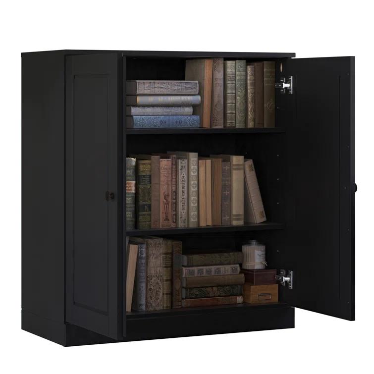 100% Solid Wood 3-Shelf Bookcase with Solid Doors and Adjustable Shelves