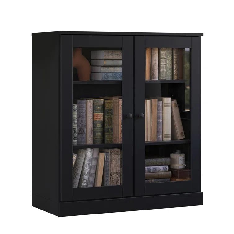 100% Solid Wood 3-Shelf Bookcase with Clear Glass Doors and Adjustable Shelves