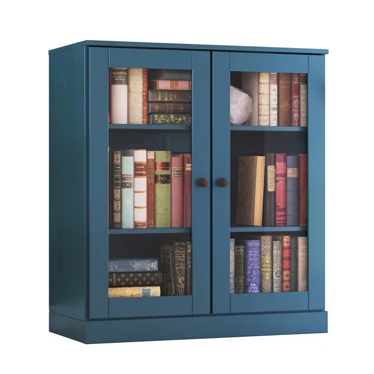 100% Solid Wood 3-Shelf Bookcase with Clear Glass Doors and Adjustable Shelves