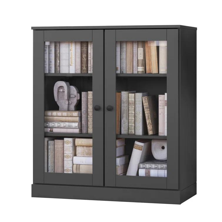 100% Solid Wood 3-Shelf Bookcase with Clear Glass Doors and Adjustable Shelves