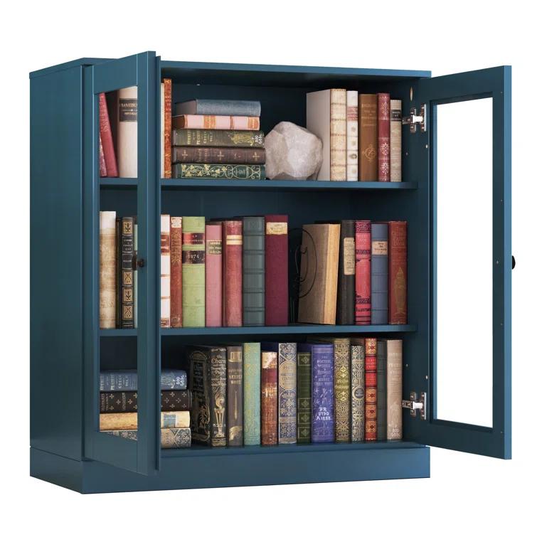 100% Solid Wood 3-Shelf Bookcase with Clear Glass Doors and Adjustable Shelves