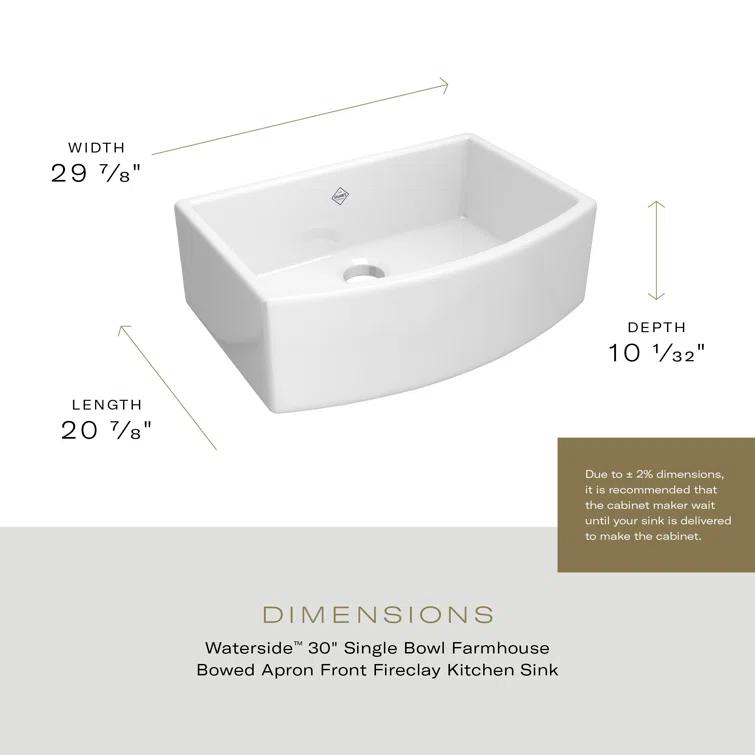 Waterside 30" Single Bowl Farmhouse Bowed Apron Front Fireclay Kitchen Sink