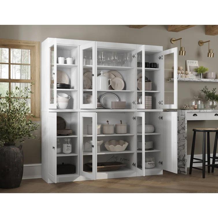 Pulcova 100% Solid Wood 65" Pantry Cabinet with Solid, Clear Glass Doors, 2-Drawers and Adjustable Shelves