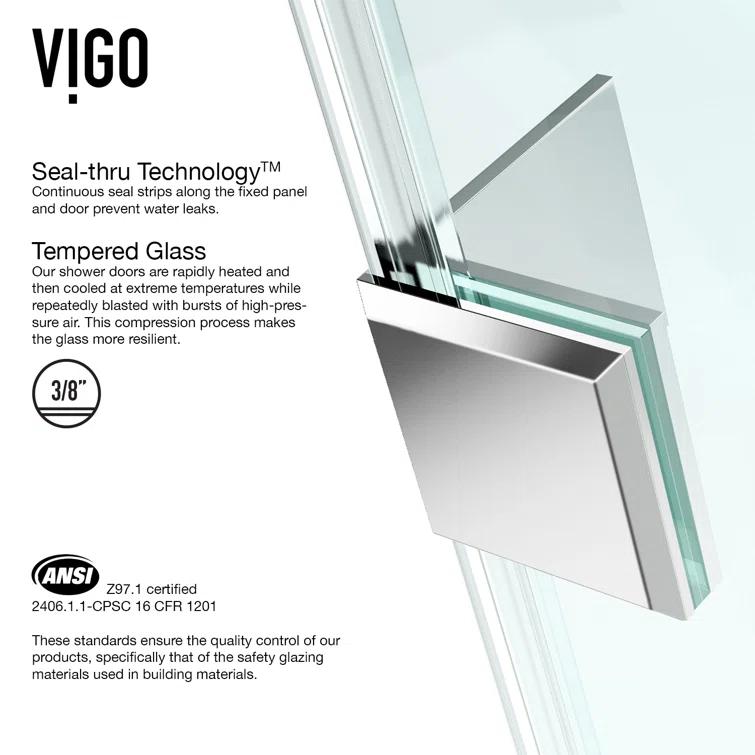 VIGO Monteray 46" W x 30" D x 73" H Hinged Frameless Shower Enclosure with 3/8  Clear Glass VG6011CHCL48