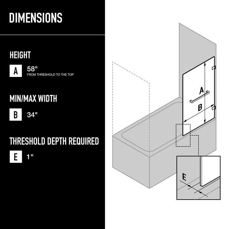 Rialto 34" W x 58" H Hinged Frameless Tub Door with with 5/16" Glass