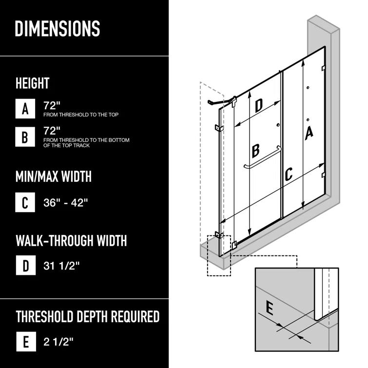 Pirouette 36-42" W x 72" H Pivot Frameless Shower Door with 3/8" Clear Glass