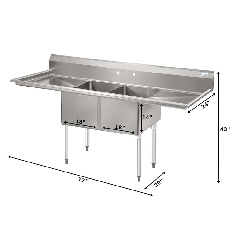 72 in. 16-Gauge Commercial Sink with Backsplash and Dual 18 in. Drainboards, Bowl Dimensions 18"x18"x14" in Stainless-Steel (KM-SB181814-18B316)