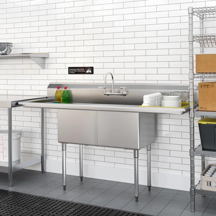 72 in. 16-Gauge Commercial Sink with Backsplash and Dual 18 in. Drainboards, Bowl Dimensions 18"x18"x14" in Stainless-Steel (KM-SB181814-18B316)
